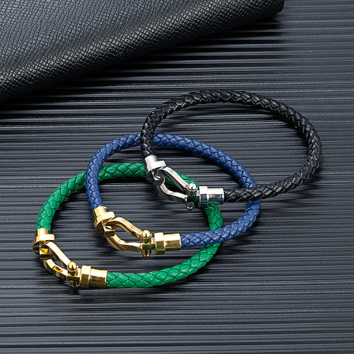 不鏽鋼馬蹄釦編織皮革手鏈 金屬電鍍工藝 多色潮流男女手環