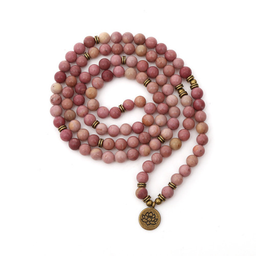 紅木紋長款手鏈男士8mm天然石108串珠打結蓮花吊墜長手鏈