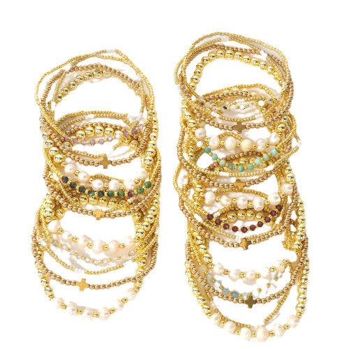 新款鐵膽石金紅綠寶半寶石十字架珠手鏈飾品四件套玉石