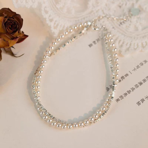 S925純銀碎銀珍珠雙層手鏈女新款高級感氣質手串輕奢小衆精緻手飾