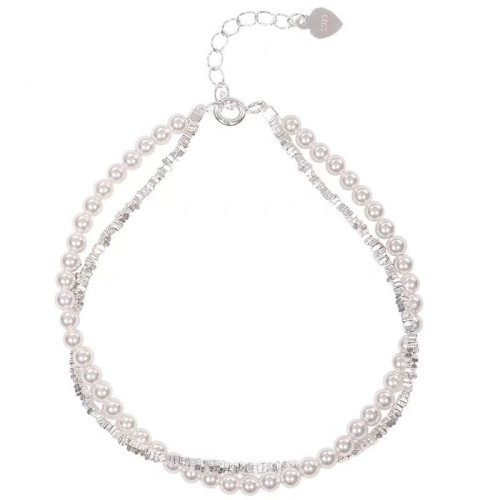 S925純銀碎銀珍珠雙層手鏈女新款高級感氣質手串輕奢小衆精緻手飾