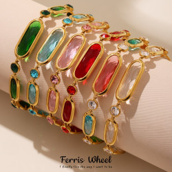 摩天輪幾何長方形圓形切面彩色玻璃石拼接手鏈氣質中古風華麗手飾