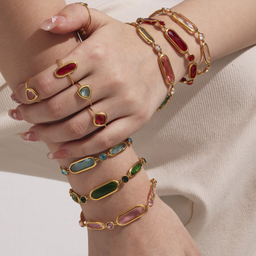 摩天輪幾何長方形圓形切面彩色玻璃石拼接手鏈氣質中古風華麗手飾