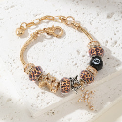 潘家手鏈 爆款DIY串珠手鐲銅鑲鋯十字架豹紋珠黑八時尚首飾品
