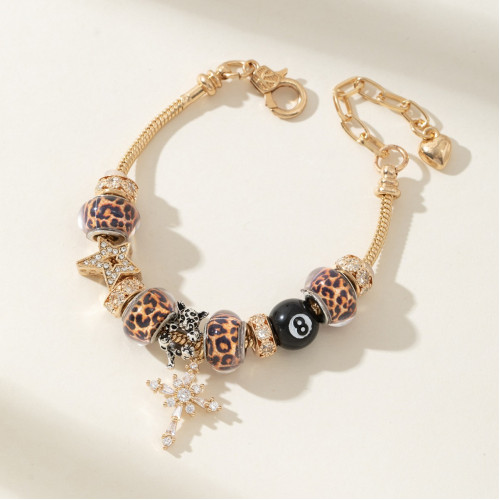 潘家手鏈 爆款DIY串珠手鐲銅鑲鋯十字架豹紋珠黑八時尚首飾品