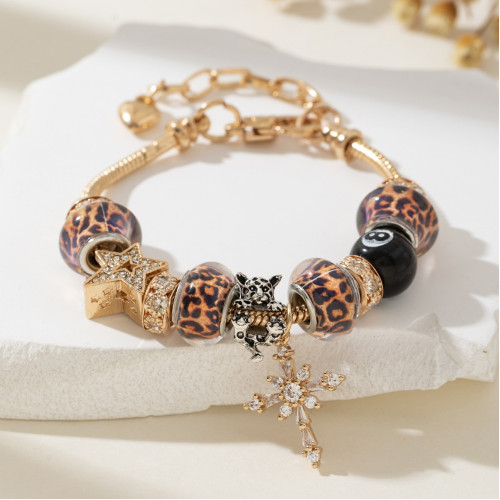 潘家手鏈 爆款DIY串珠手鐲銅鑲鋯十字架豹紋珠黑八時尚首飾品