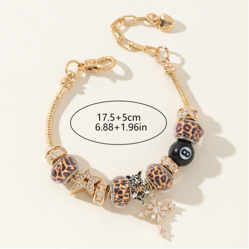 潘家手鏈 爆款DIY串珠手鐲銅鑲鋯十字架豹紋珠黑八時尚首飾品