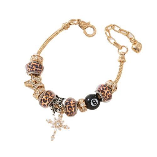 潘家手鏈 爆款DIY串珠手鐲銅鑲鋯十字架豹紋珠黑八時尚首飾品