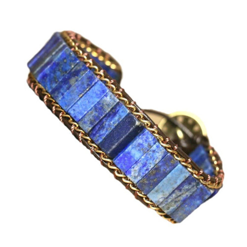 長條石頭青金石金鏈條編織手鏈可調節手鏈