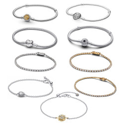 潘家新品上市白銅鍍銀愛心鑲鑽手鏈太陽鑽閃耀可DIY串珠吊件