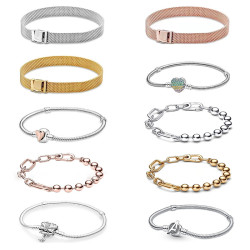 潘家手錶鏈白銅鍍銀手鏈珠子串珠多拉diy飾品配件方形愛心釦頭