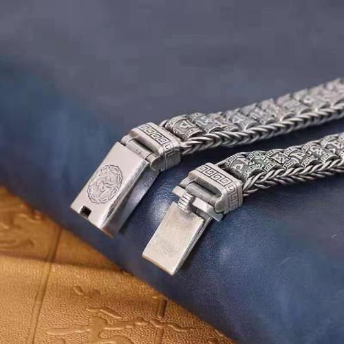 復古泰銀六字真言路路通轉經筒可轉動男士手鏈霸氣做舊工藝潮手環