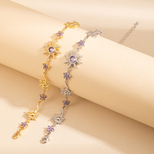 新款山茶新品薔薇粉寶石花朵幾何設計璀璨手鏈鍍金滿鑽爆閃彩寶手