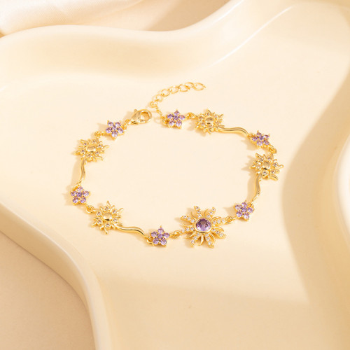 新款山茶新品薔薇粉寶石花朵幾何設計璀璨手鏈鍍金滿鑽爆閃彩寶手