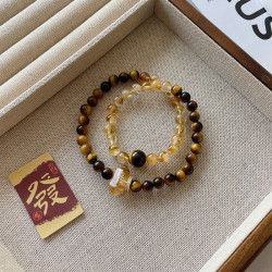 【日照金山】天然虎眼石黃塔晶水晶手串女雙圈招米手鏈新中式飾品
