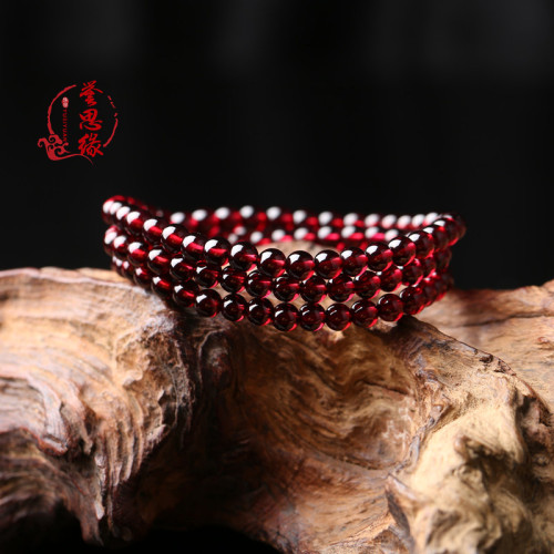 莫桑酒紅石榴石水晶三圈珠子手鏈女人石多圈散珠飾品