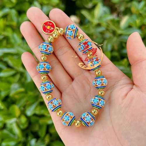 景泰藍繁花鏤空球寺廟烤藍珠子手鏈潘家園香灰瓷琉璃金箔景區手串