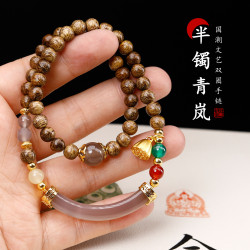 新中式民族風DIY設計款蓮蓬雙圈精美6mm女手串瑪瑙半鐲沉香木手鏈