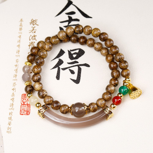 新中式民族風DIY設計款蓮蓬雙圈精美6mm女手串瑪瑙半鐲沉香木手鏈