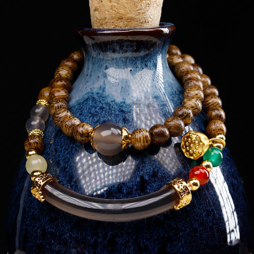 新中式民族風DIY設計款蓮蓬雙圈精美6mm女手串瑪瑙半鐲沉香木手鏈