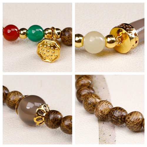 新中式民族風DIY設計款蓮蓬雙圈精美6mm女手串瑪瑙半鐲沉香木手鏈