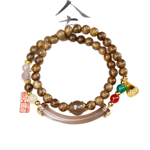 新中式民族風DIY設計款蓮蓬雙圈精美6mm女手串瑪瑙半鐲沉香木手鏈