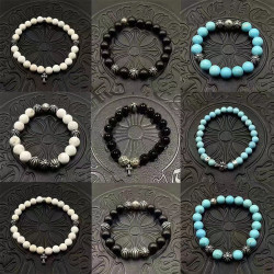 潮款飾品手串男女士手飾手鏈10mm黑曜石8mm綠松石泰銀復古手珠ins