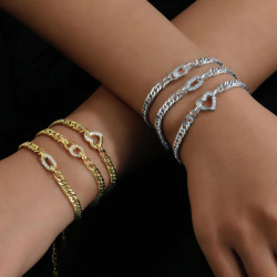 金銀雙色古巴鏈愛心鑲鑽手鏈多層曡戴設計男女同款嘻哈風飾品