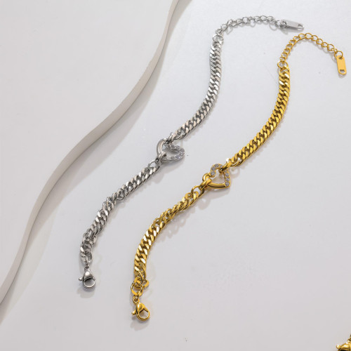 金銀雙色古巴鏈愛心鑲鑽手鏈多層曡戴設計男女同款嘻哈風飾品