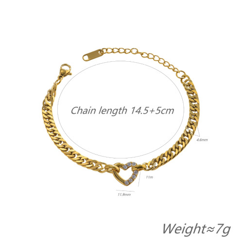 金銀雙色古巴鏈愛心鑲鑽手鏈多層曡戴設計男女同款嘻哈風飾品