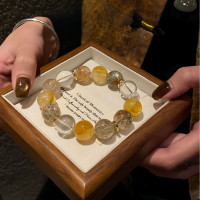 天然黃膠花水晶手串黑金超七招財手鏈白水晶能量放大器輕奢高級感