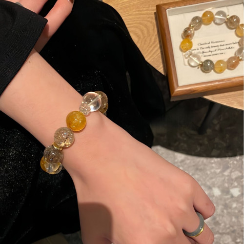 天然黃膠花水晶手串黑金超七招財手鏈白水晶能量放大器輕奢高級感