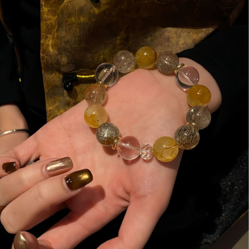 天然黃膠花水晶手串黑金超七招財手鏈白水晶能量放大器輕奢高級感
