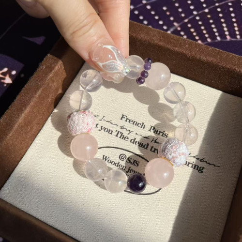 【春江水暖】天然粉晶巴西紫水晶手串毛球珠小衆溫柔精緻簡約甜美