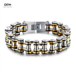 OPK飾品歐美時尚鈦鋼黑間金色機車鏈手飾個性嘻哈不鏽鋼潮男手鏈