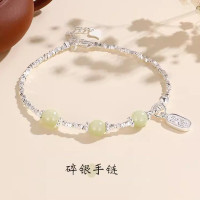 S925純銀納福碎銀手鏈女本命年風輕奢小衆天然和田玉手飾配飾
