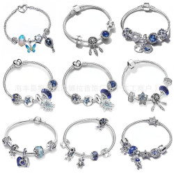 原創潘家白銅鍍銀新款藍鑽滿鑽玫瑰金皇冠基礎手鏈套裝DIY串珠