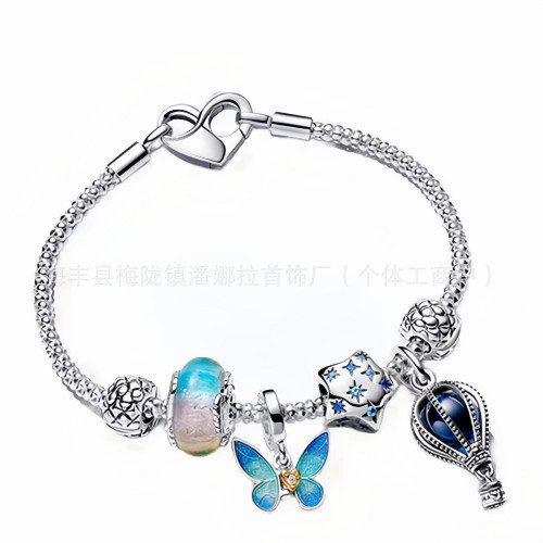 原創潘家白銅鍍銀新款藍鑽滿鑽玫瑰金皇冠基礎手鏈套裝DIY串珠