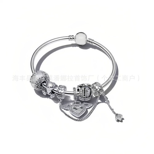 原創潘家白銅鍍銀新款藍鑽滿鑽玫瑰金皇冠基礎手鏈套裝DIY串珠