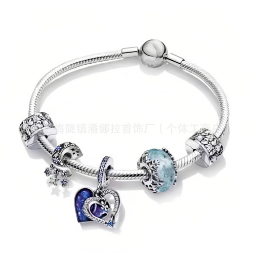 原創潘家白銅鍍銀新款藍鑽滿鑽玫瑰金皇冠基礎手鏈套裝DIY串珠