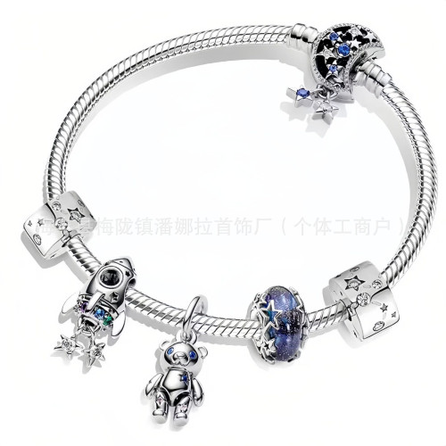 原創潘家白銅鍍銀新款藍鑽滿鑽玫瑰金皇冠基礎手鏈套裝DIY串珠