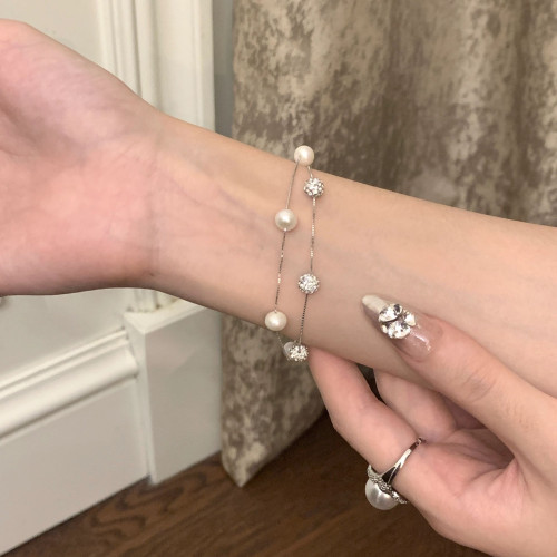 S925純銀超仙法式雙層鋯石鑽球貝珠天然淡水珍珠手鏈高級小衆手飾