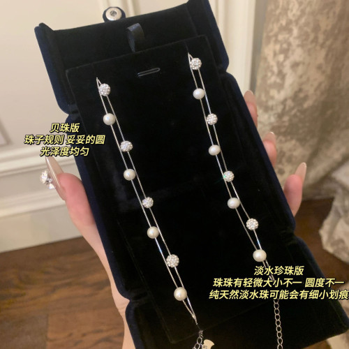 S925純銀超仙法式雙層鋯石鑽球貝珠天然淡水珍珠手鏈高級小衆手飾
