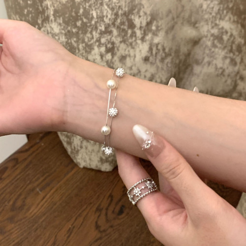 S925純銀超仙法式雙層鋯石鑽球貝珠天然淡水珍珠手鏈高級小衆手飾