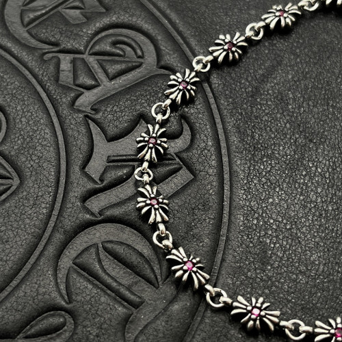 歐美百搭手鏈鑲鑽細十字花男女士手飾泰銀復古嘻哈插釦插片手環