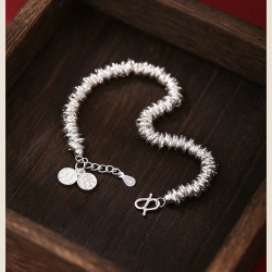 鍍足銀喜樂手鏈女時尚手工盤纏手鏈輕奢感碎銀子手鐲百搭銀手環