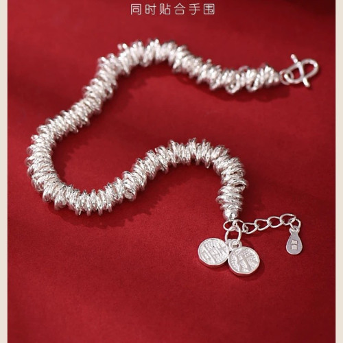 鍍足銀喜樂手鏈女時尚手工盤纏手鏈輕奢感碎銀子手鐲百搭銀手環