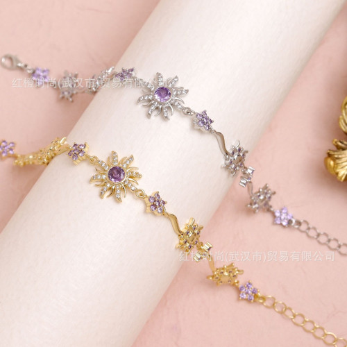 歐美輕奢高級感銅鍍真金太陽花紫色鋯石文藝時尚飾品手飾手鏈