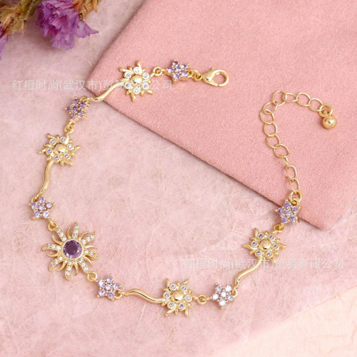 歐美輕奢高級感銅鍍真金太陽花紫色鋯石文藝時尚飾品手飾手鏈