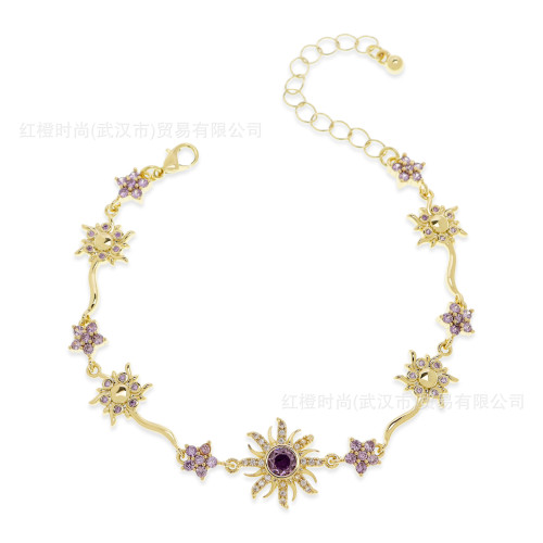 歐美輕奢高級感銅鍍真金太陽花紫色鋯石文藝時尚飾品手飾手鏈